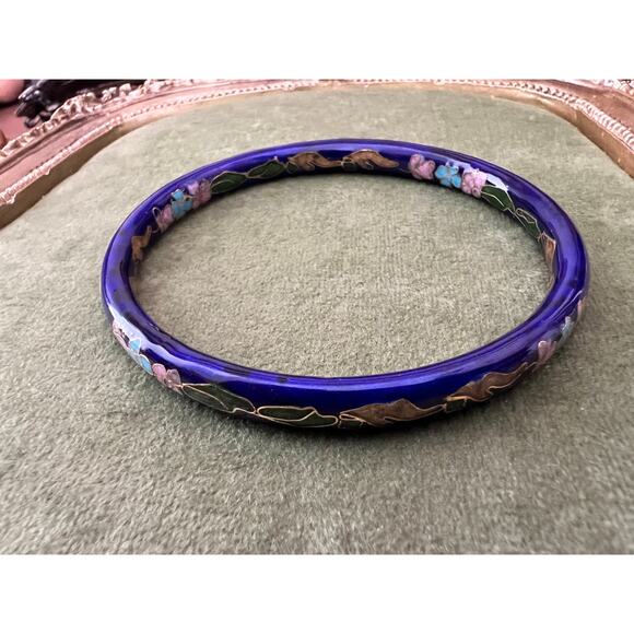Vintage Cloisonne Enamel Bangle Bracelet Blue Cobalt Floral Flowers - Picture 2 of 8
